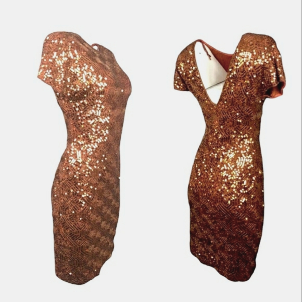 Carmen Marc Valvo Vintage Copper Sequin Sheath Dress - Picture 9 of 9